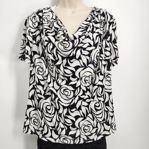 MSK Pullover Top Women's Size XL Blk & White Floral Short Sleeve Draped Neck